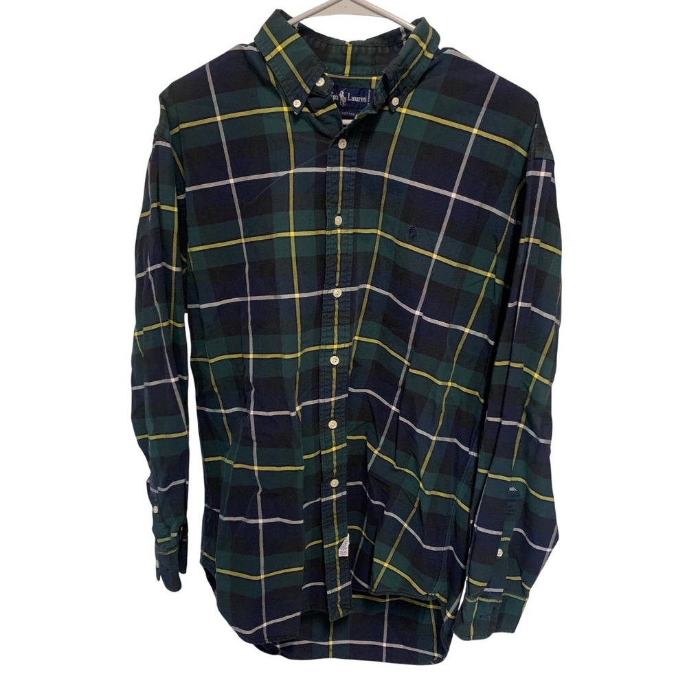Polo Ralph Lauren Mens Green Navy Plaid Cotton ButtonDown Shirt Size M Pony Logo